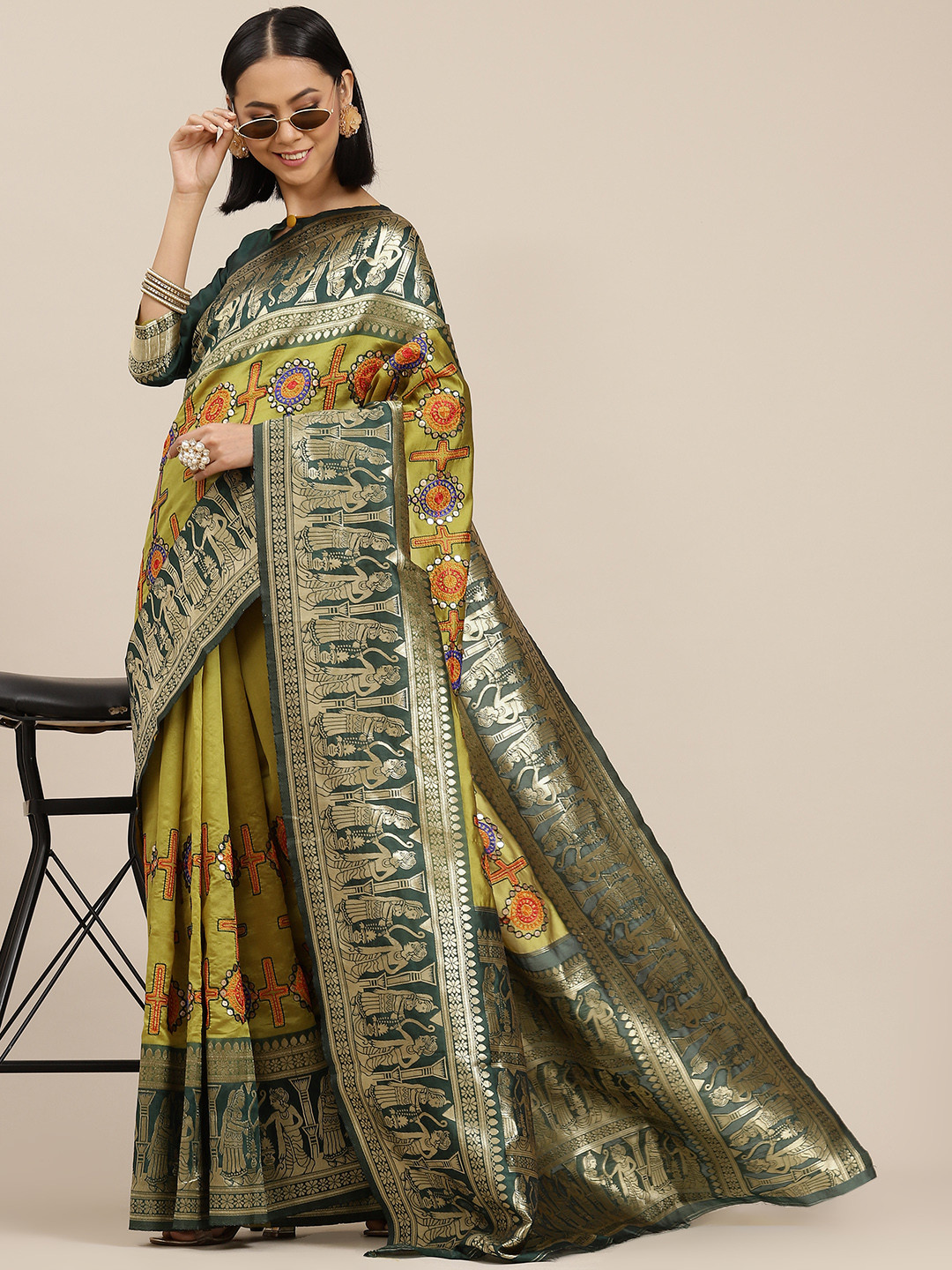 

SERONA FABRICS Yellow & Green Ethnic Motifs Embroidered Silk Blend Banarasi Saree