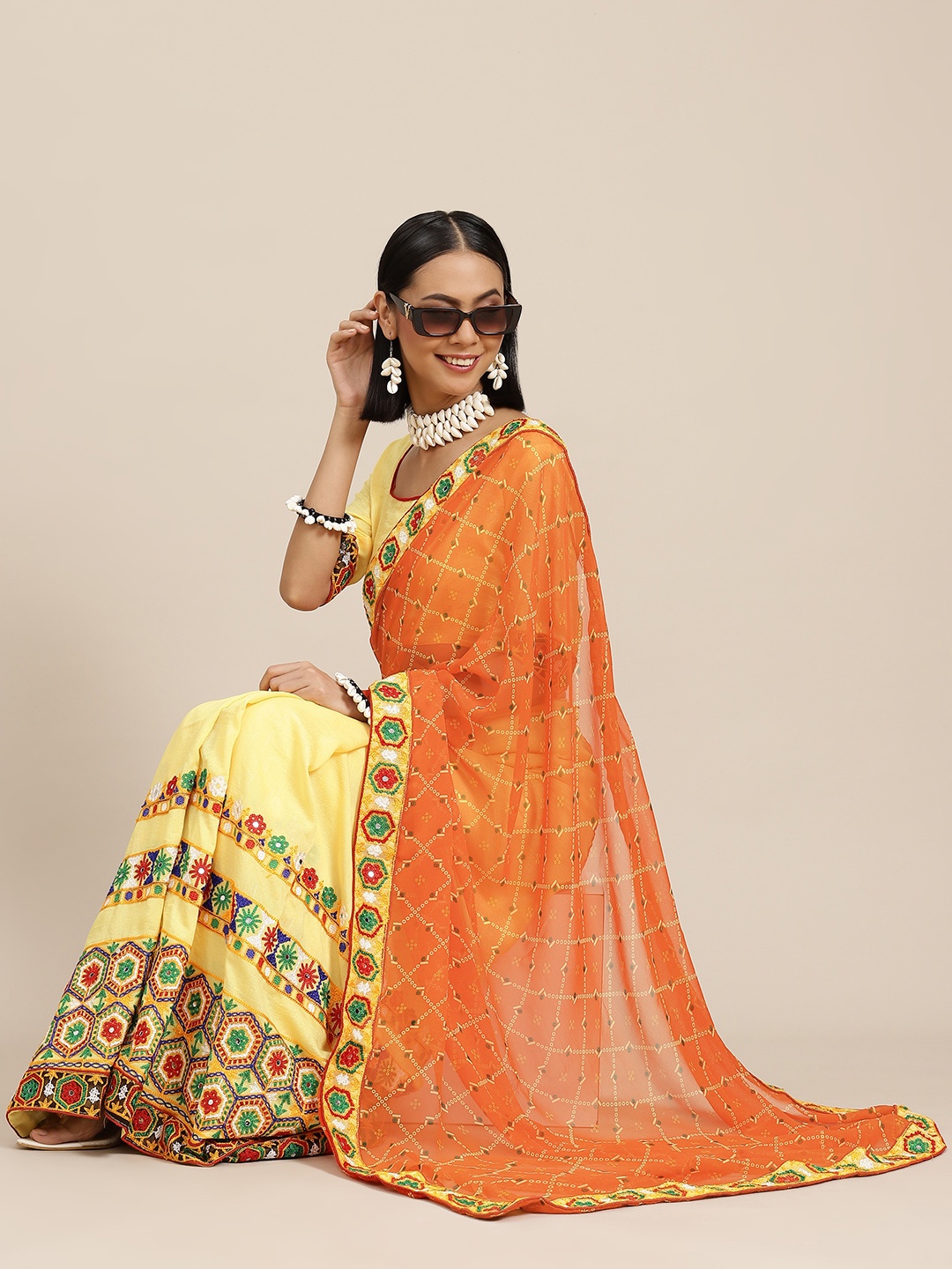 

SERONA FABRICS Orange & Yellow Ethnic Motifs Embroidered Pure Georgette Half and Half Bandhani Saree