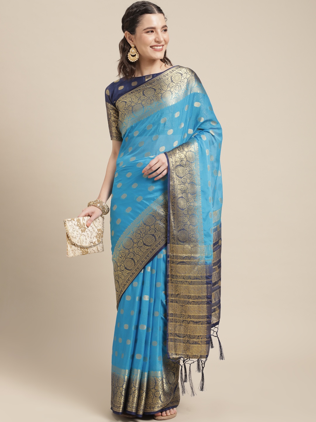 

Mitera Blue & Gold-Toned Ethnic Motifs Woven Design Silk Blend Saree
