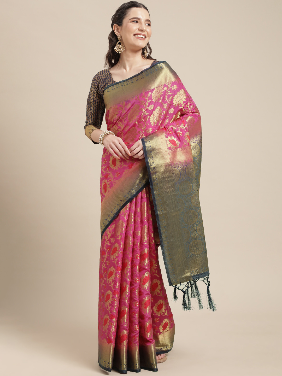 

Mitera Pink & Golden Ethnic Motifs Silk Blend Saree