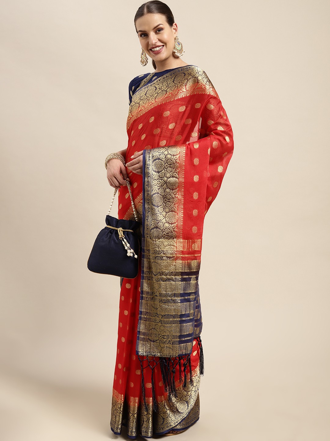 

Mitera Red & Gold Ethnic Motifs Woven Design Silk Blend Saree