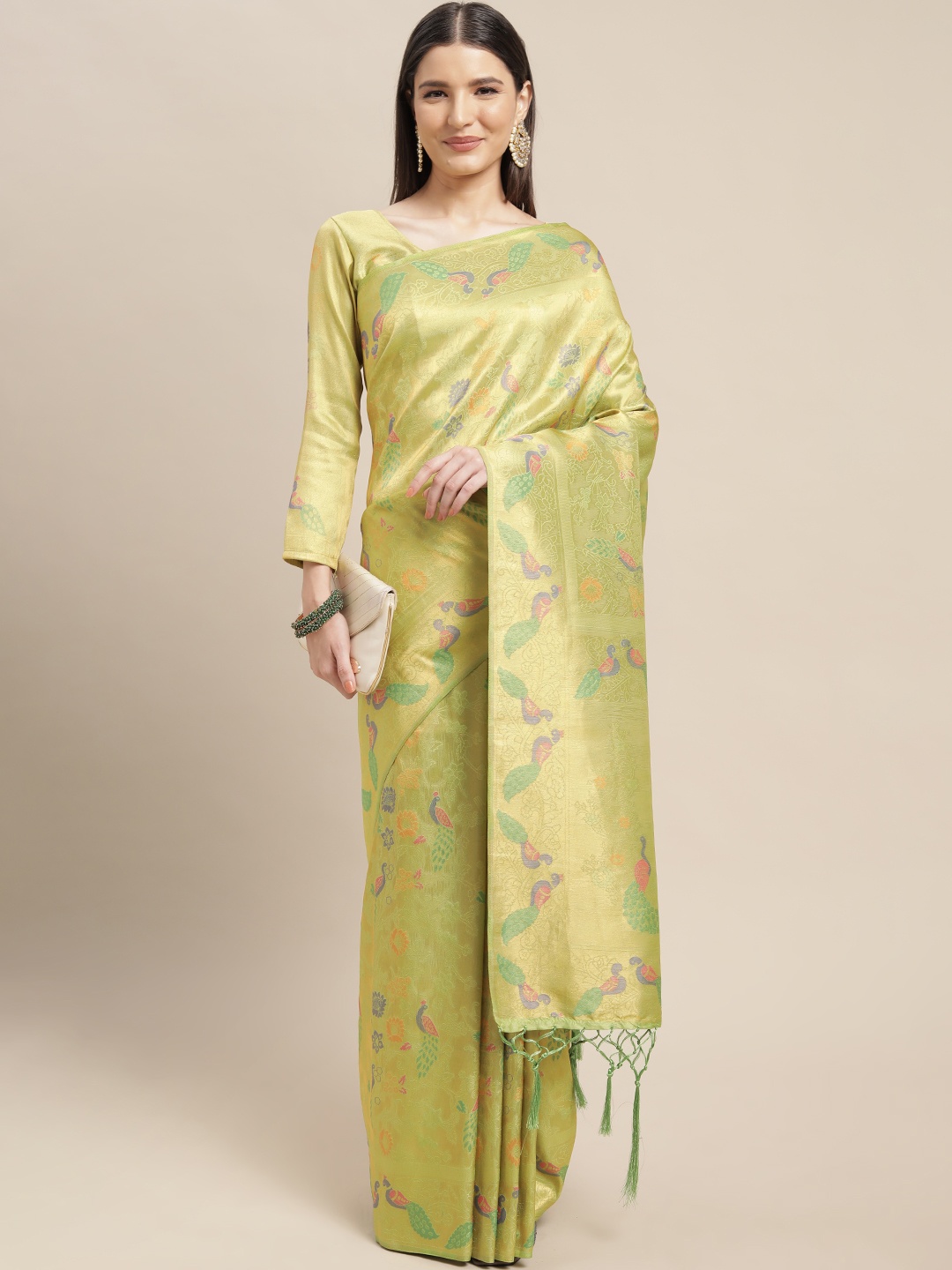 

Mitera Lime Green & Purple Ethnic Motifs Silk Blend Saree