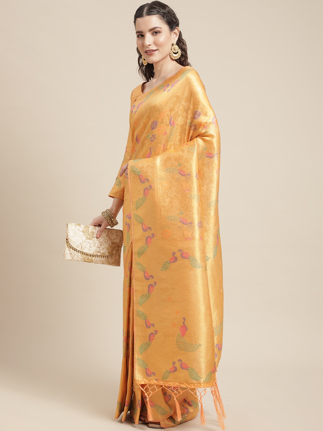 

Mitera Orange & Purple Ethnic Motifs Woven Design Silk Blend Saree