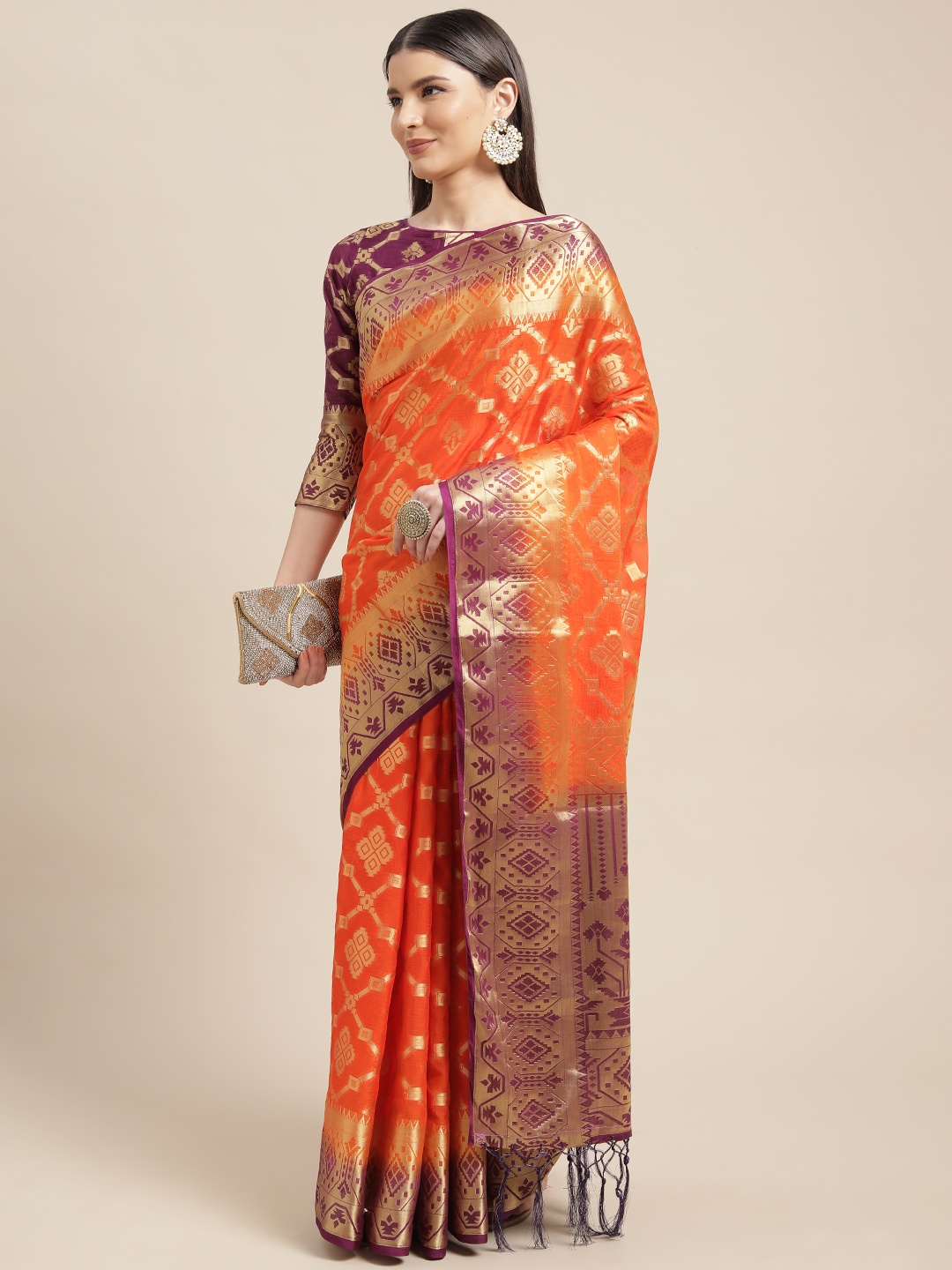 

Mitera Orange & Golden Ethnic Motifs Silk Blend Saree