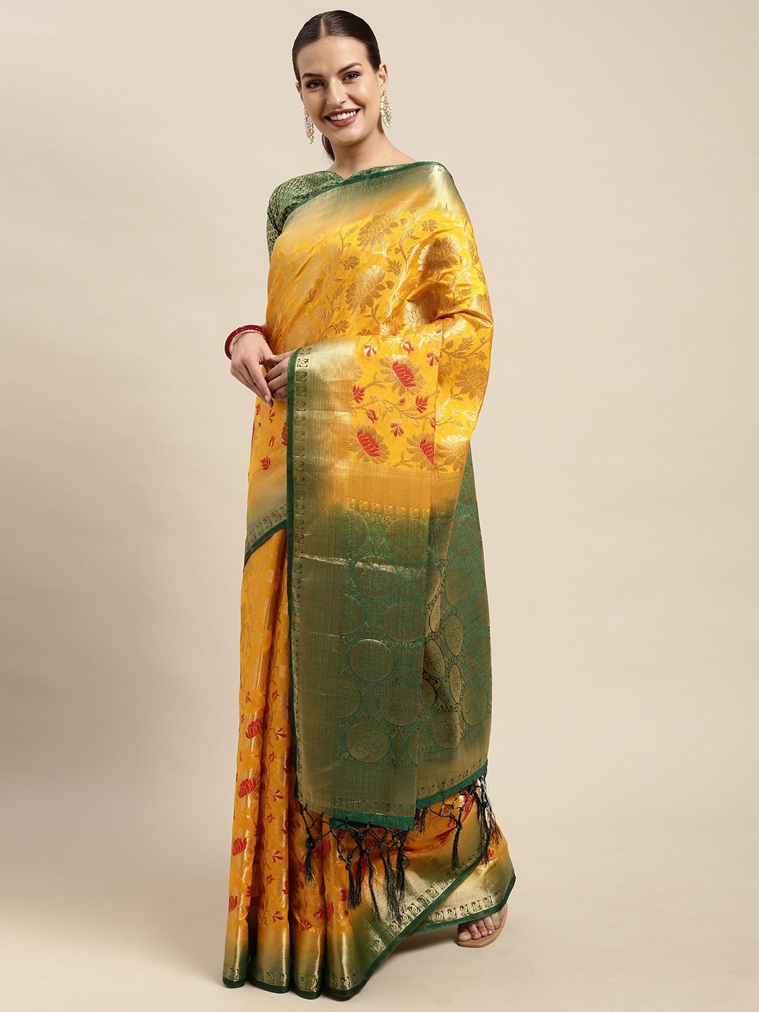 

Mitera Mustard Yellow & Olive Green Ethnic Motif Silk Blend Saree
