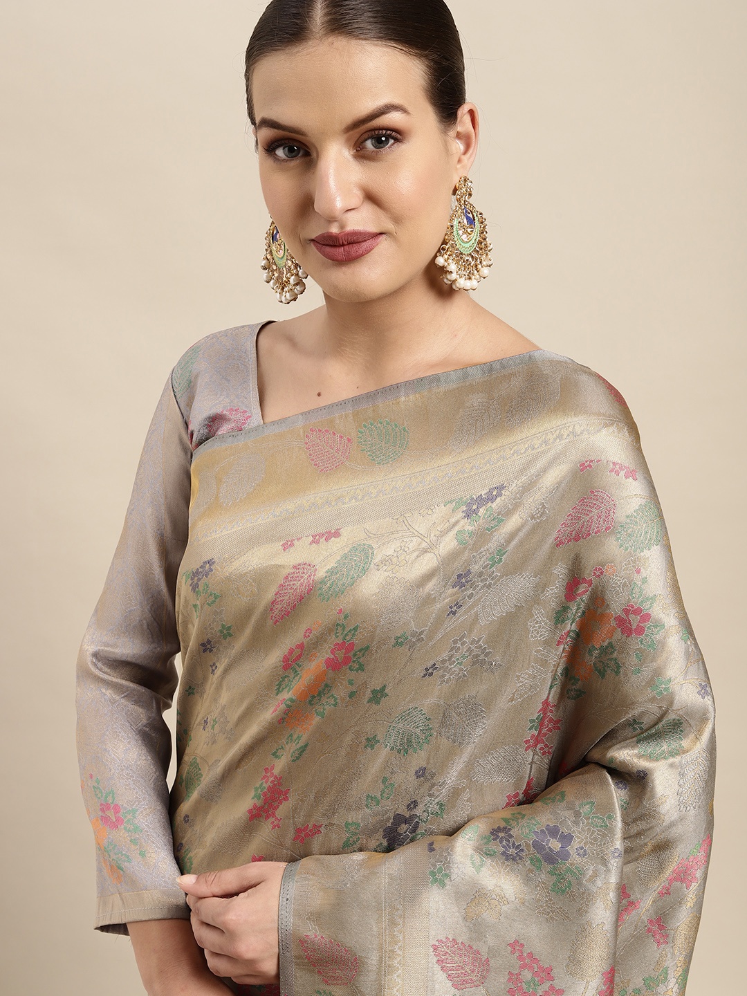 

Mitera Grey & Gold Floral Woven Design Silk Blend Saree