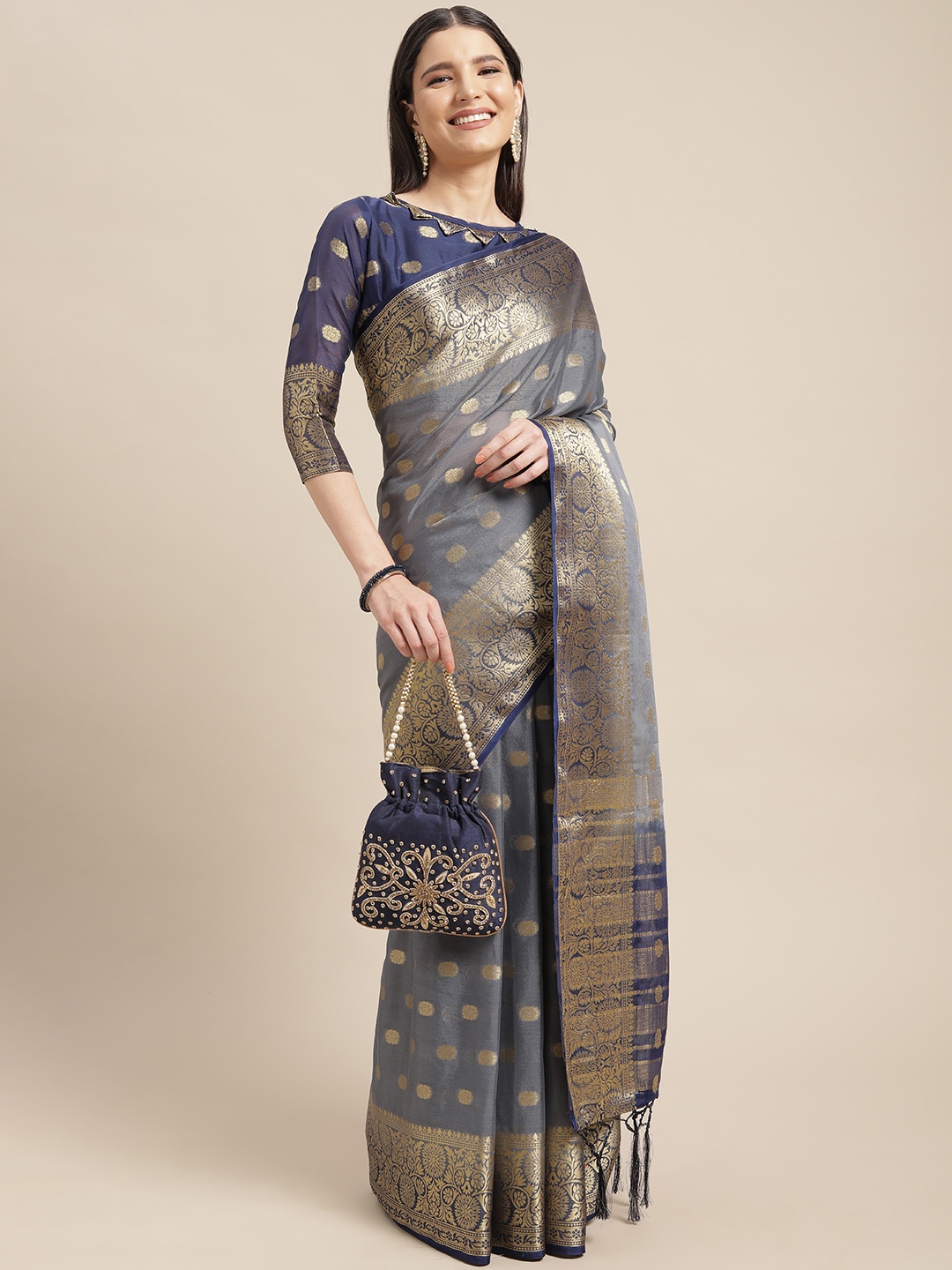 

Mitera Grey & Golden Ethnic Motifs Silk Blend Saree