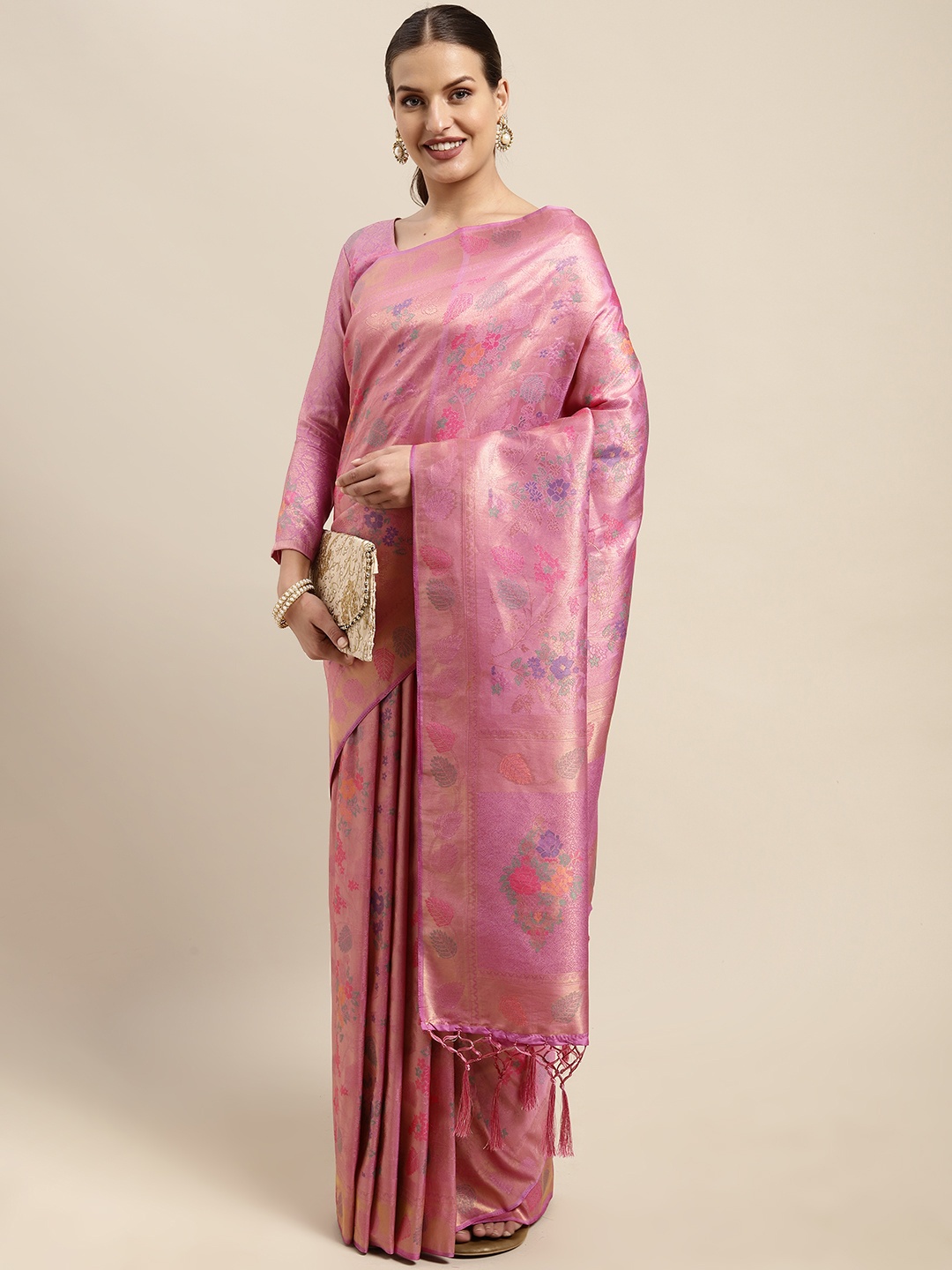 

Mitera Purple & Pink Floral Woven Design Silk Blend Saree
