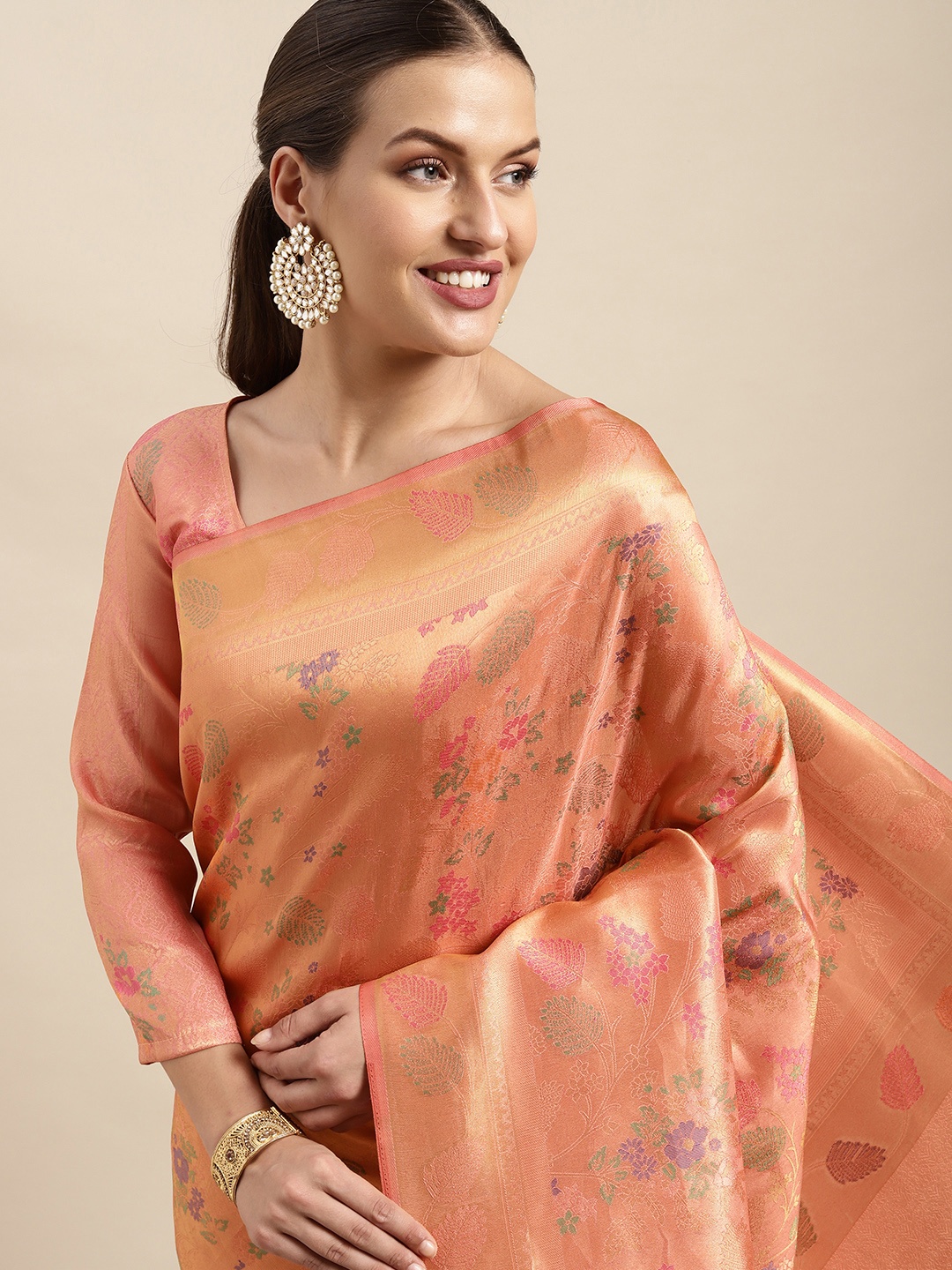 

Mitera Peach-Coloured Ethnic Motifs Silk Blend Saree