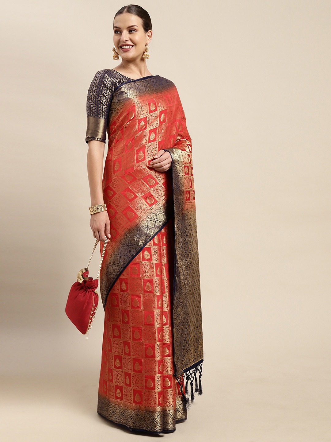 

Mitera Red & Golden Ethnic Motifs Silk Blend Saree