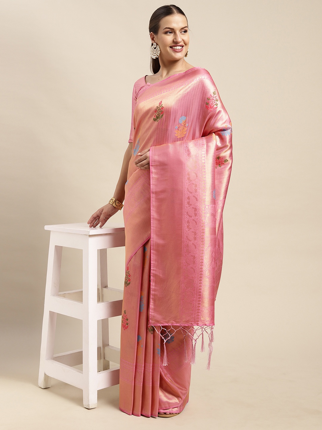 

Mitera Pink & Golden Ethnic Motif Silk Blend Saree
