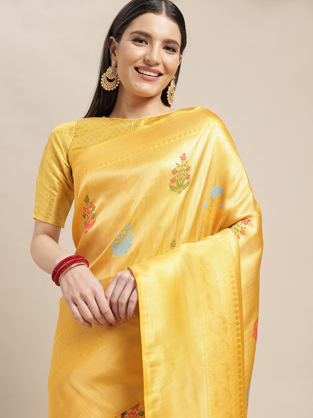 

Mitera Yellow & Gold Floral Woven Design Silk Blend Saree