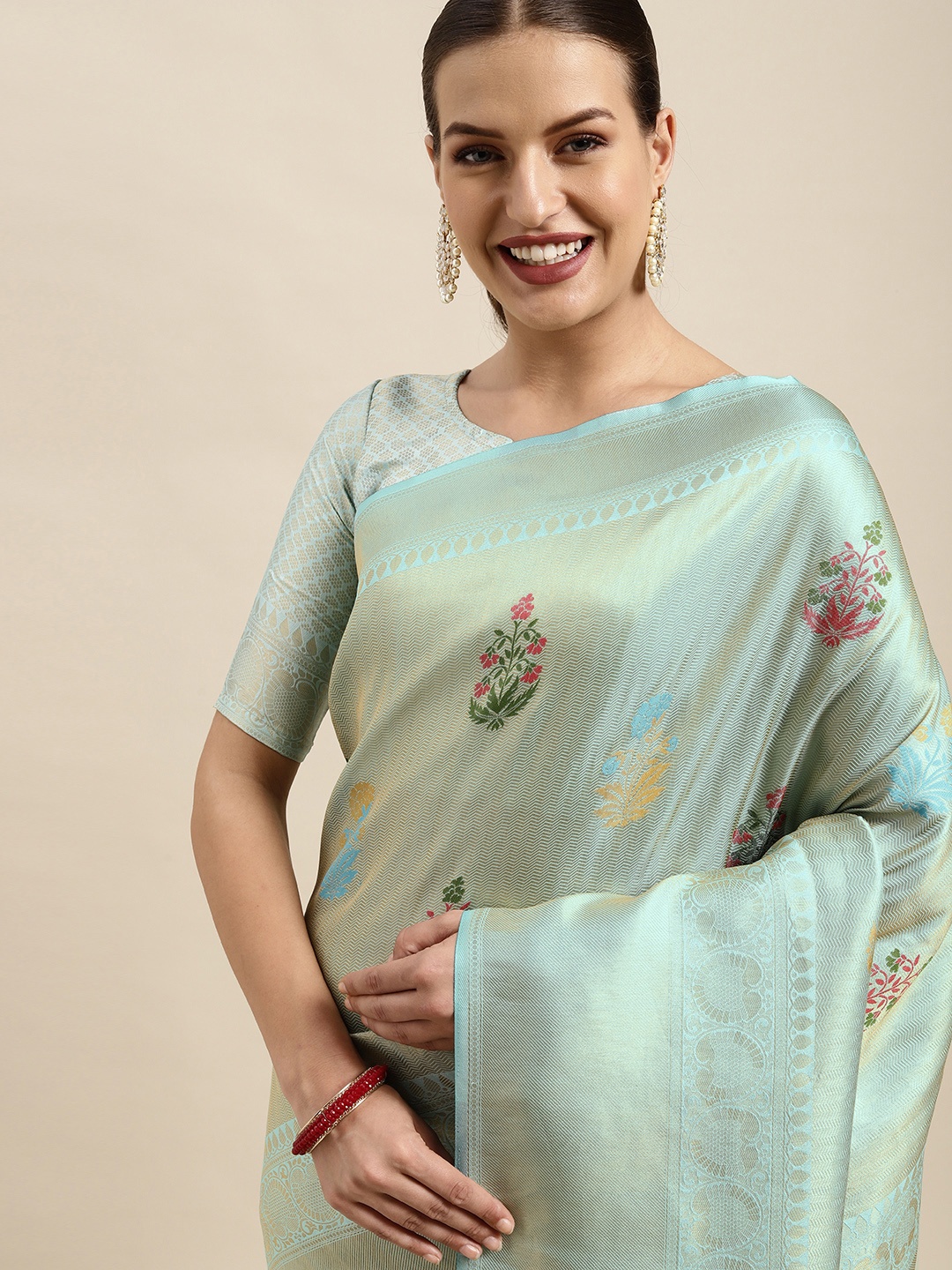 

Mitera Blue & Golden Ethnic Motifs Silk Blend Saree