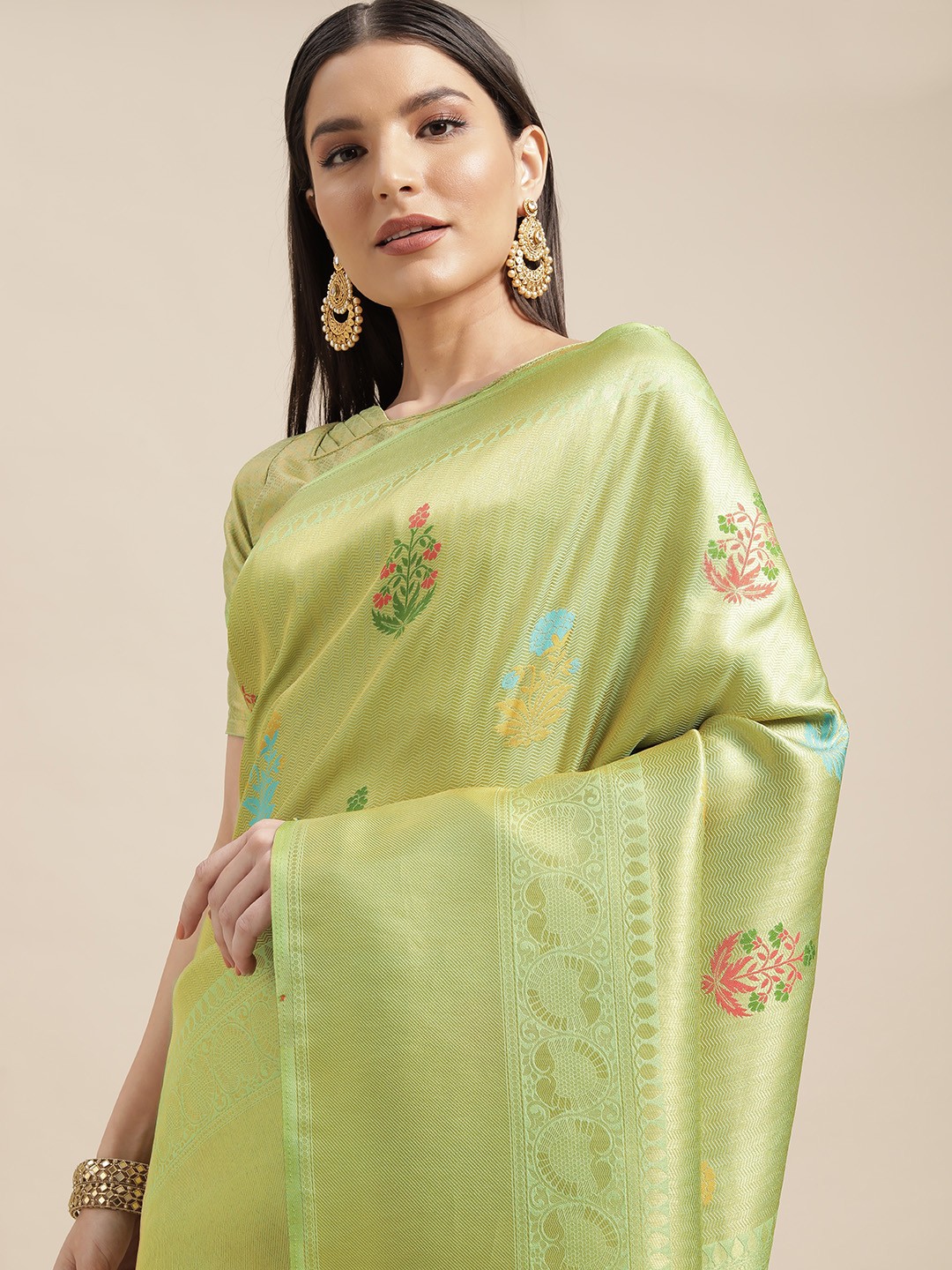 

Mitera Green & Gold Floral Woven Design Silk Blend Saree