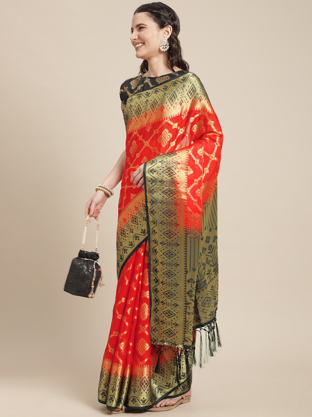 

Mitera Red & Golden Ethnic Motifs Silk Blend Saree