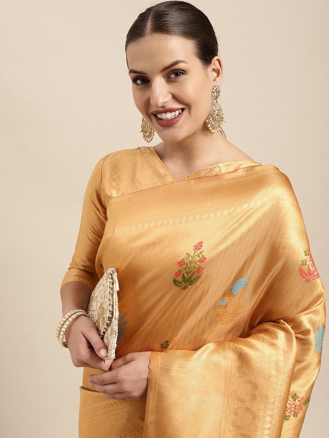

Mitera Beige & Pink Floral Woven Design Silk Blend Saree