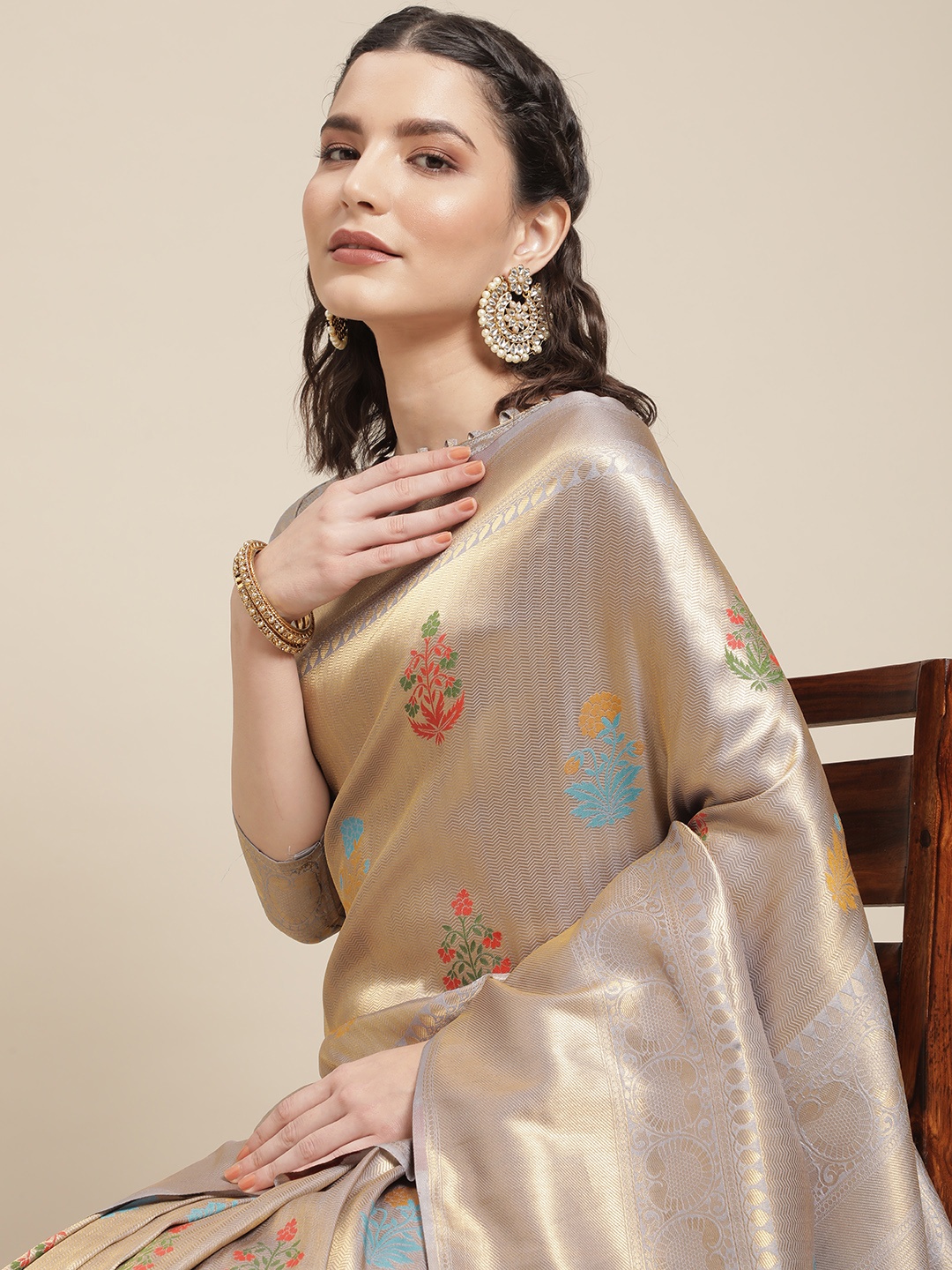 

Mitera Grey & Gold Floral Woven Design Silk Blend Saree