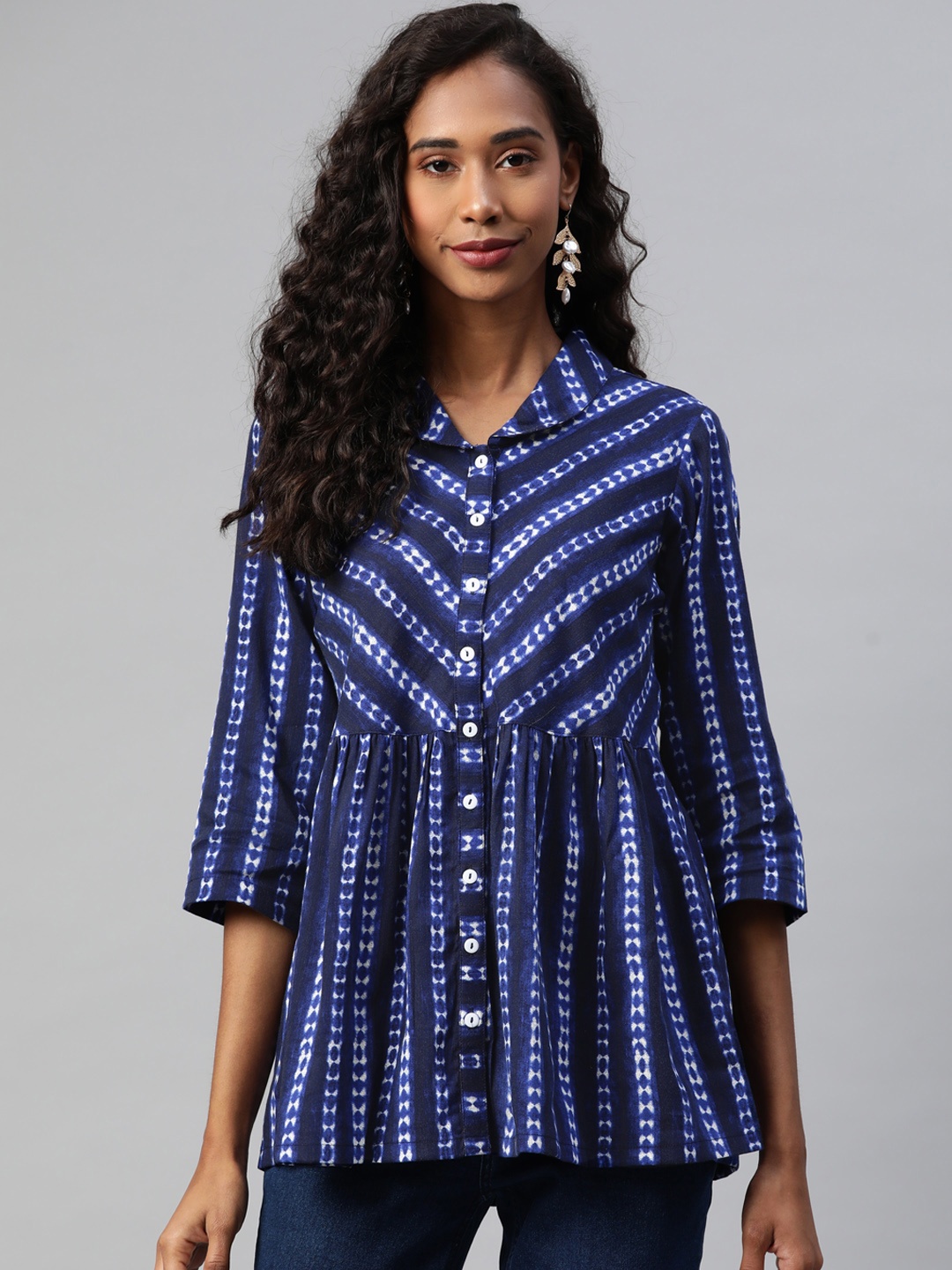 

Ayaany Blue & White Geometric Print A-Line Top