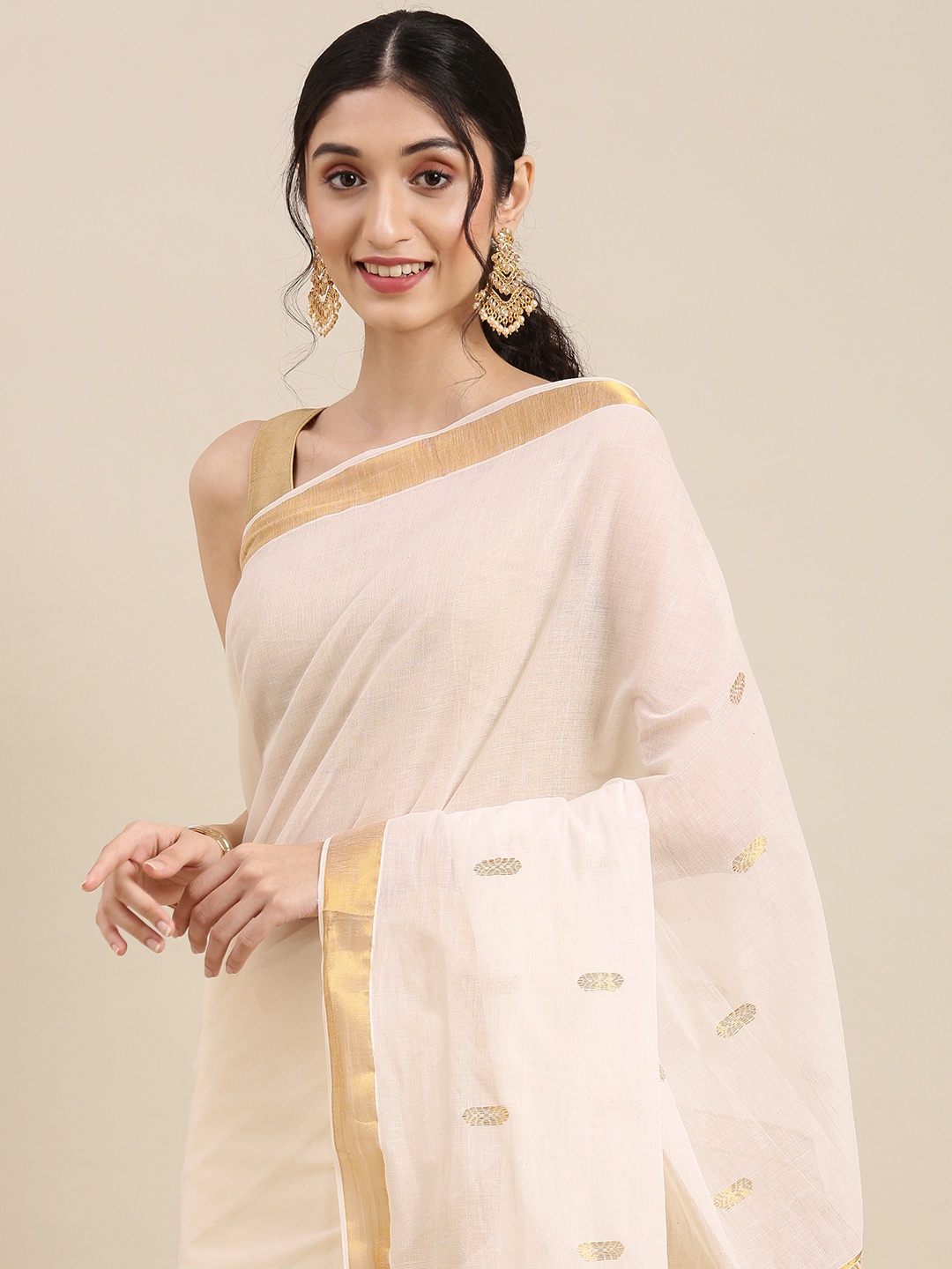 

KALINI White & Gold-Toned Pure Cotton Kasavu Saree