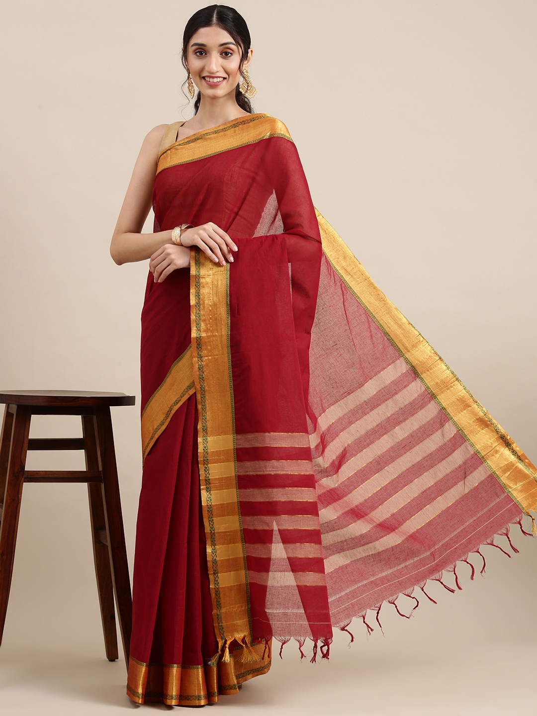 

KALINI Maroon Pure Cotton Saree