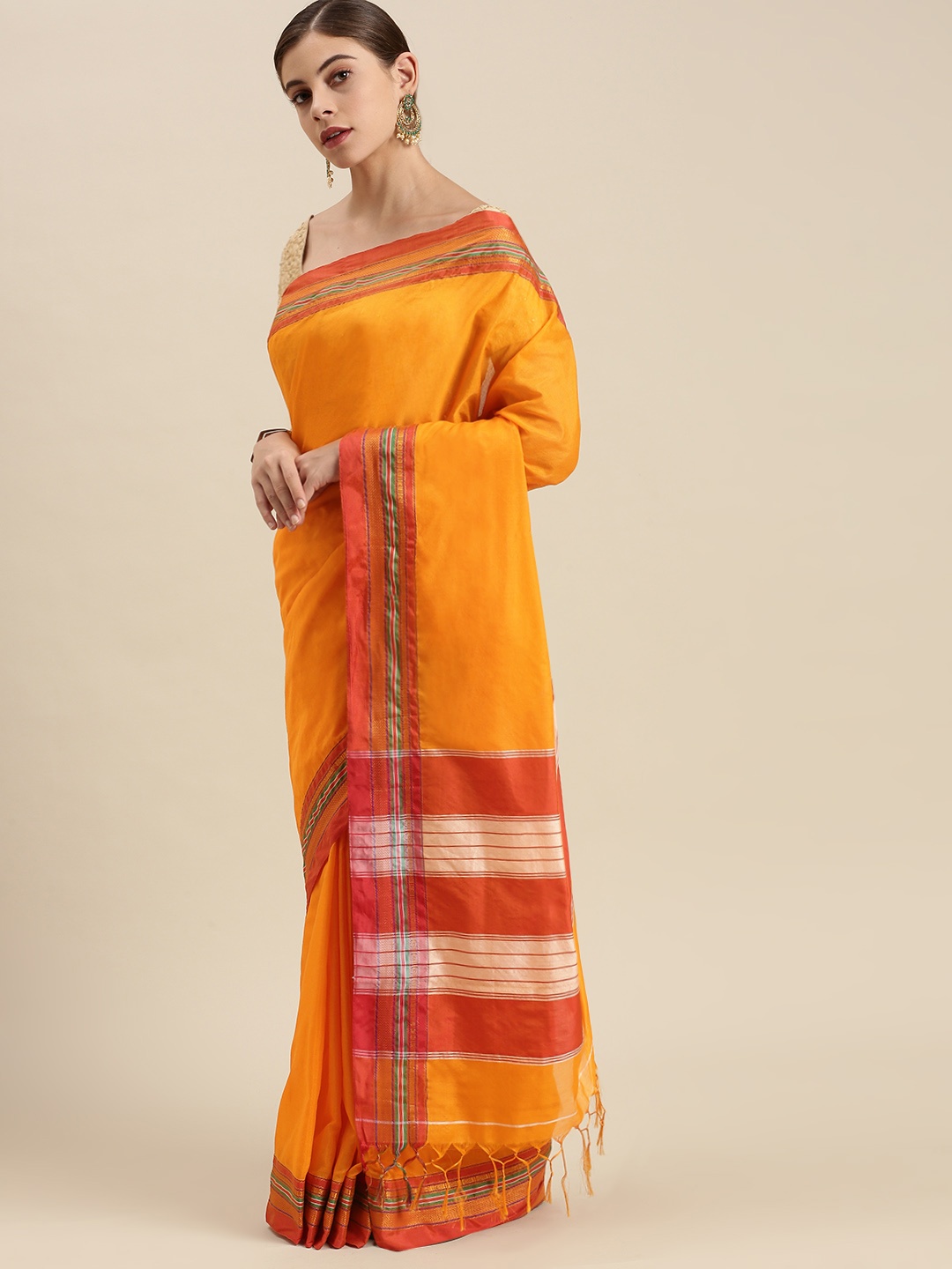 

KALINI Mustard Yellow & Red Striped Pure Cotton Paithani Saree