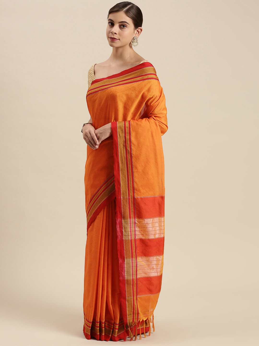 

KALINI Orange & Red Striped Pure Cotton Paithani Saree
