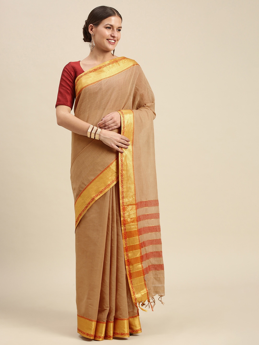 

KALINI Beige & Golden Striped Pure Cotton Mangalagiri Saree