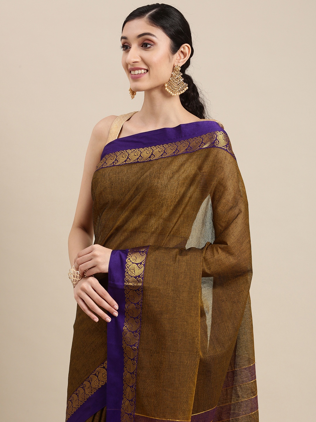 

KALINI Mustard Brown & Purple Pure Cotton Saree