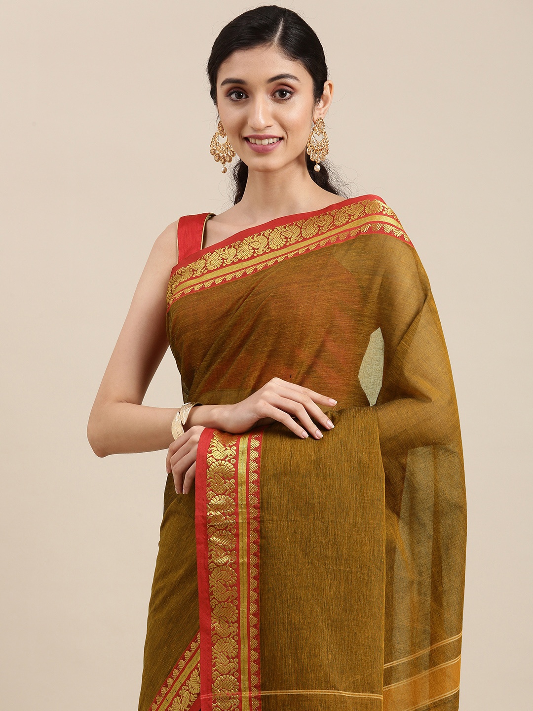 

KALINI Mustard Brown & Red Pure Cotton Saree
