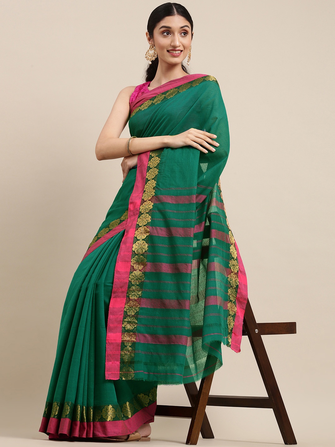 

Pavechas Teal Green Pure Cotton Chanderi Saree