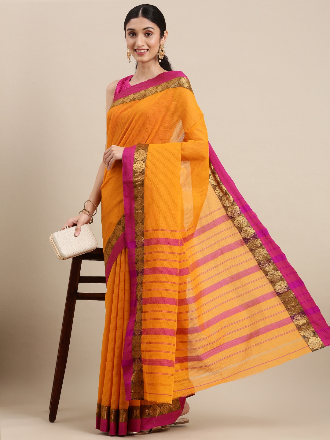 

Pavechas Mustard Yellow Pure Cotton Chanderi Saree