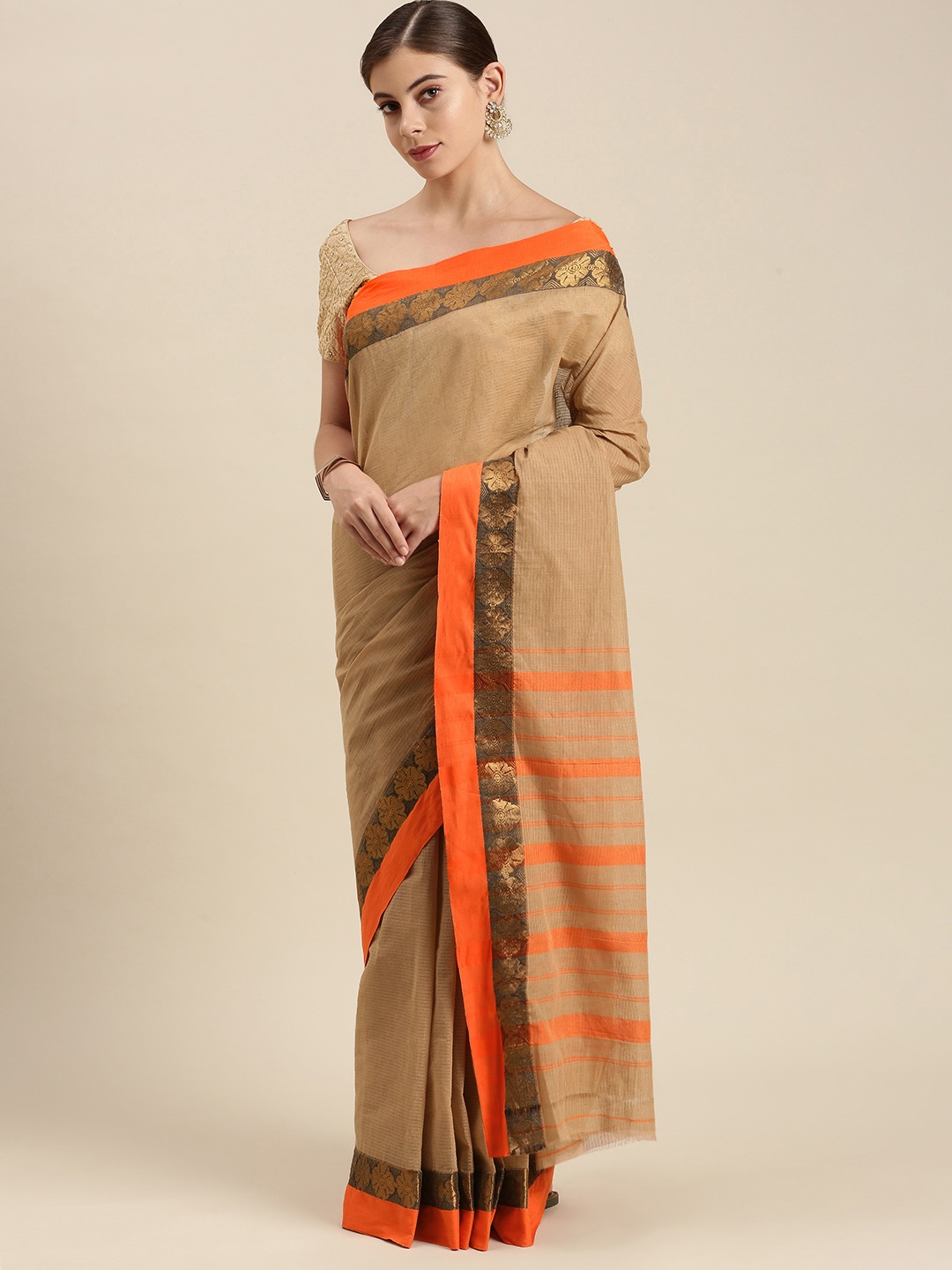 

Pavechas Beige & Orange Striped Pure Cotton Chanderi Saree