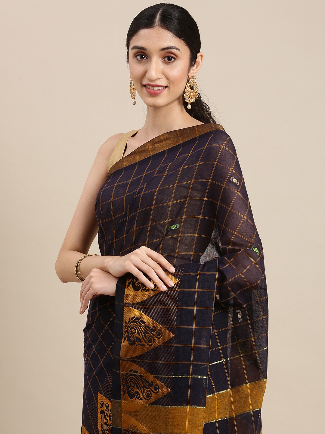 

Pavechas Navy Blue & Mustard Yellow Checked Pure Cotton Narayan Peth Saree