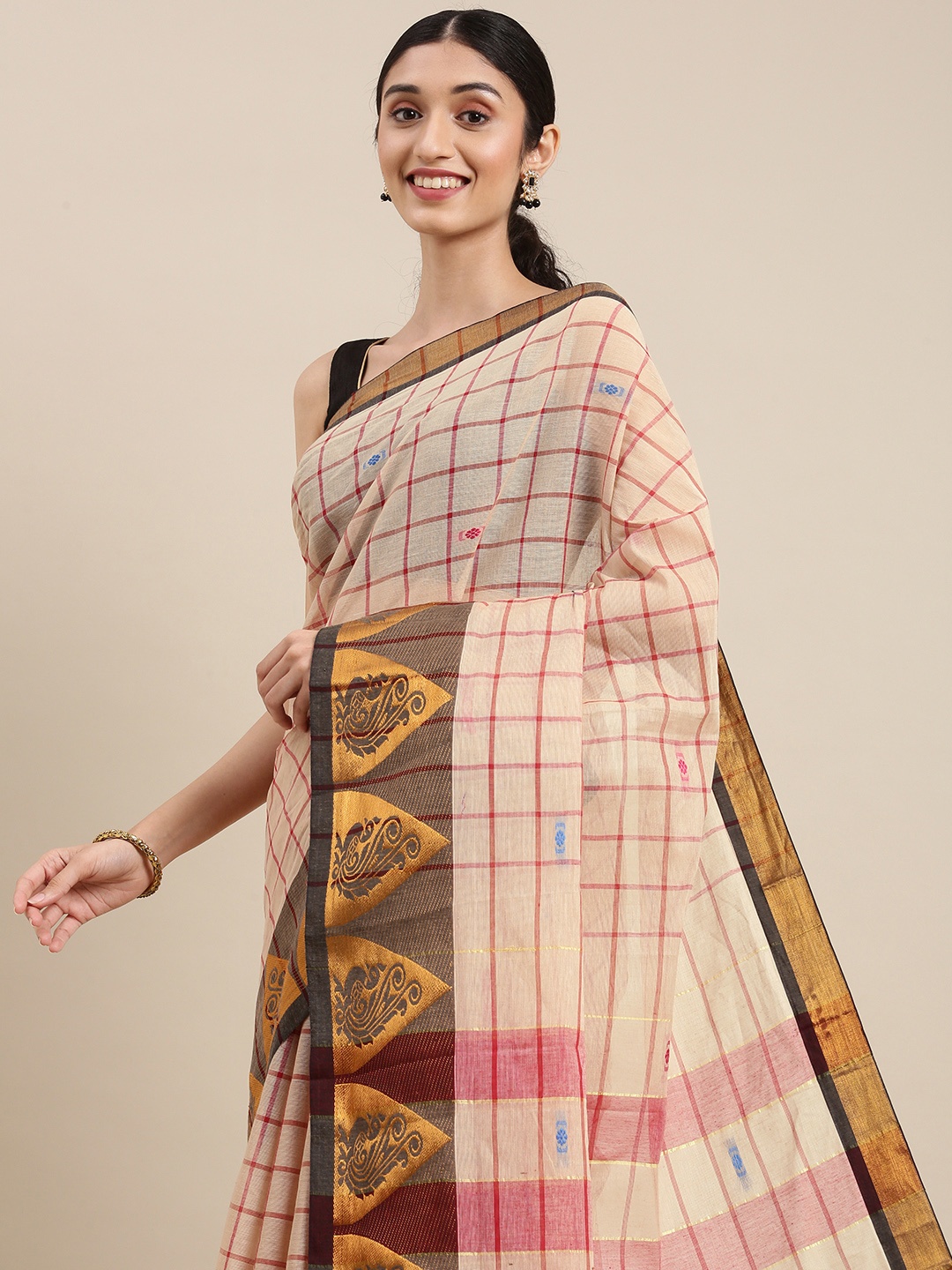

Pavechas Cream-Coloured Pure Cotton Solid Narayan Peth Saree