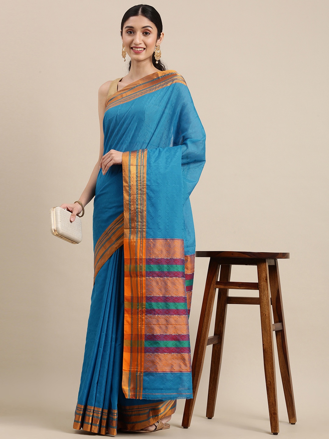 

Pavechas Blue Pure Cotton Paithani Saree