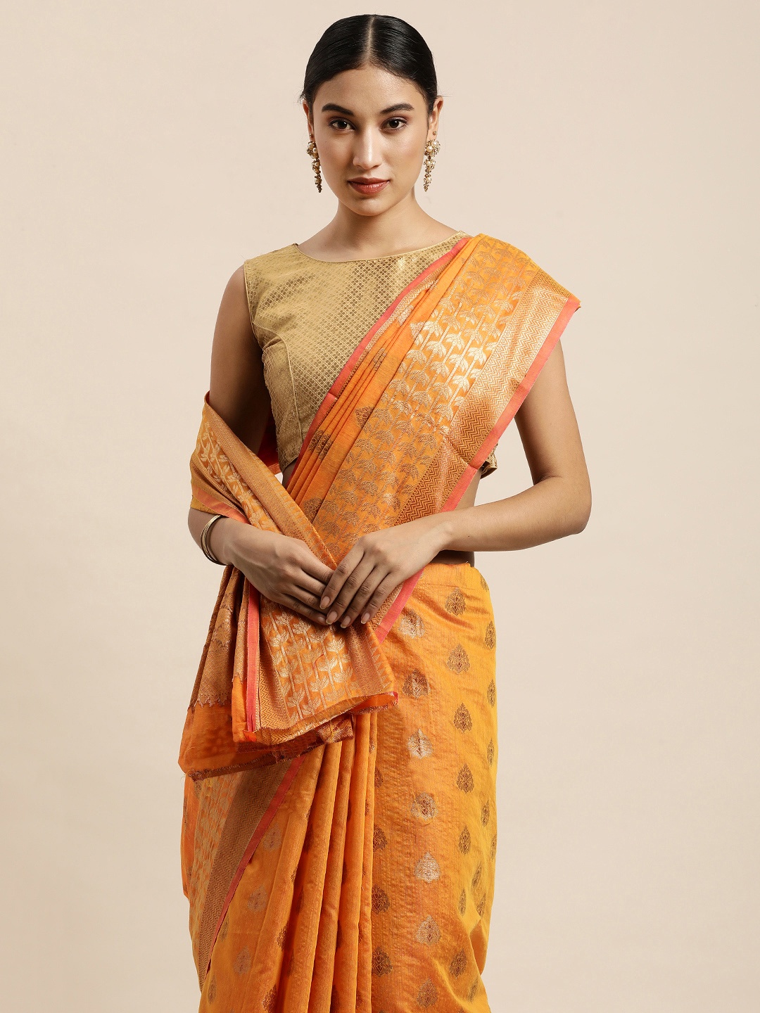 

Saree Swarg Mustard & Gold-Toned Ethnic Motifs Zari Silk Cotton Banarasi Sarees