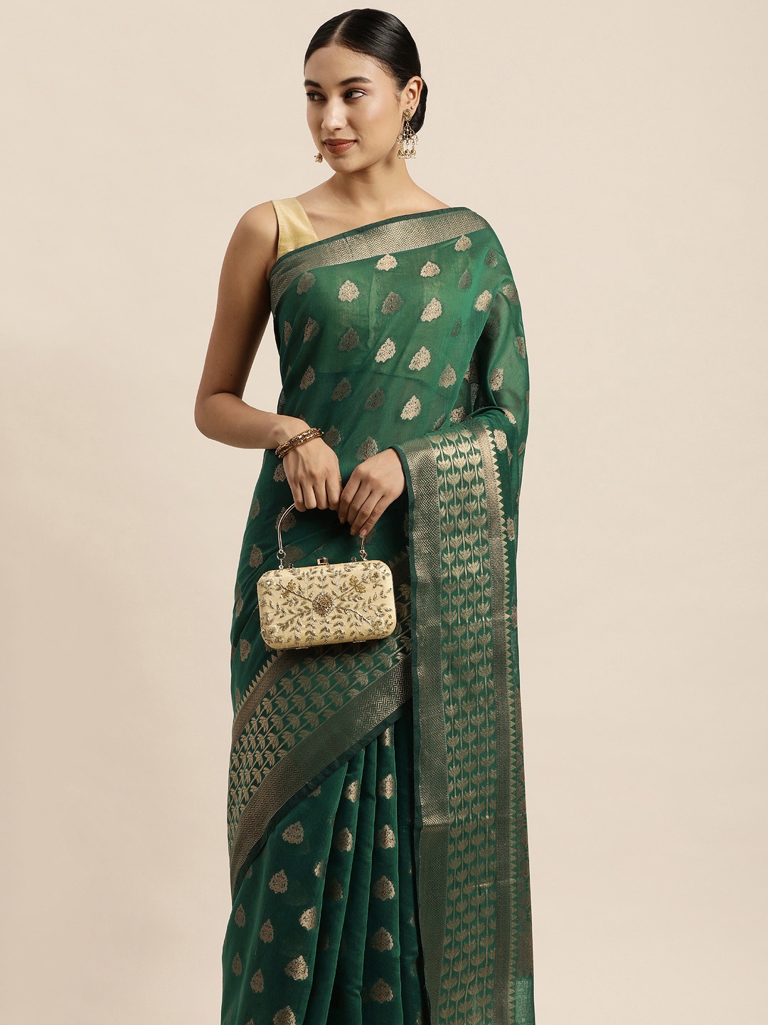 

Saree Swarg Green & Gold-Toned Ethnic Motifs Zari Silk Cotton Banarasi Sarees