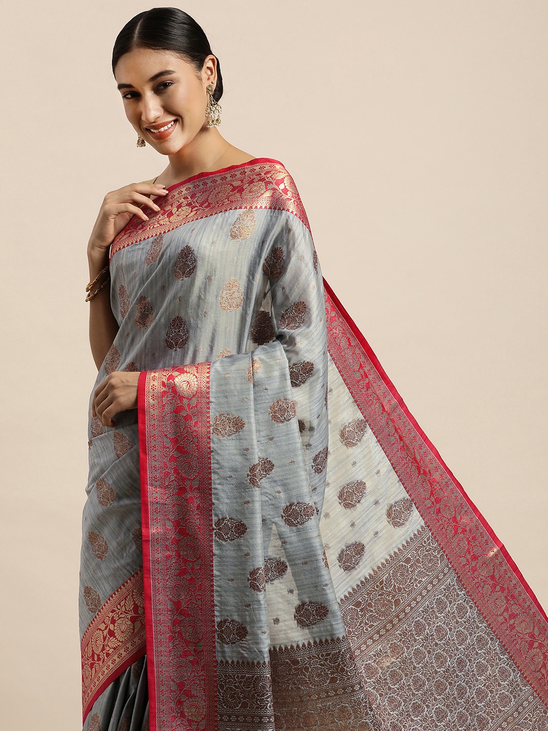 

Saree Swarg Grey & Gold-Toned Ethnic Motifs Zari Silk Blend Banarasi Sarees