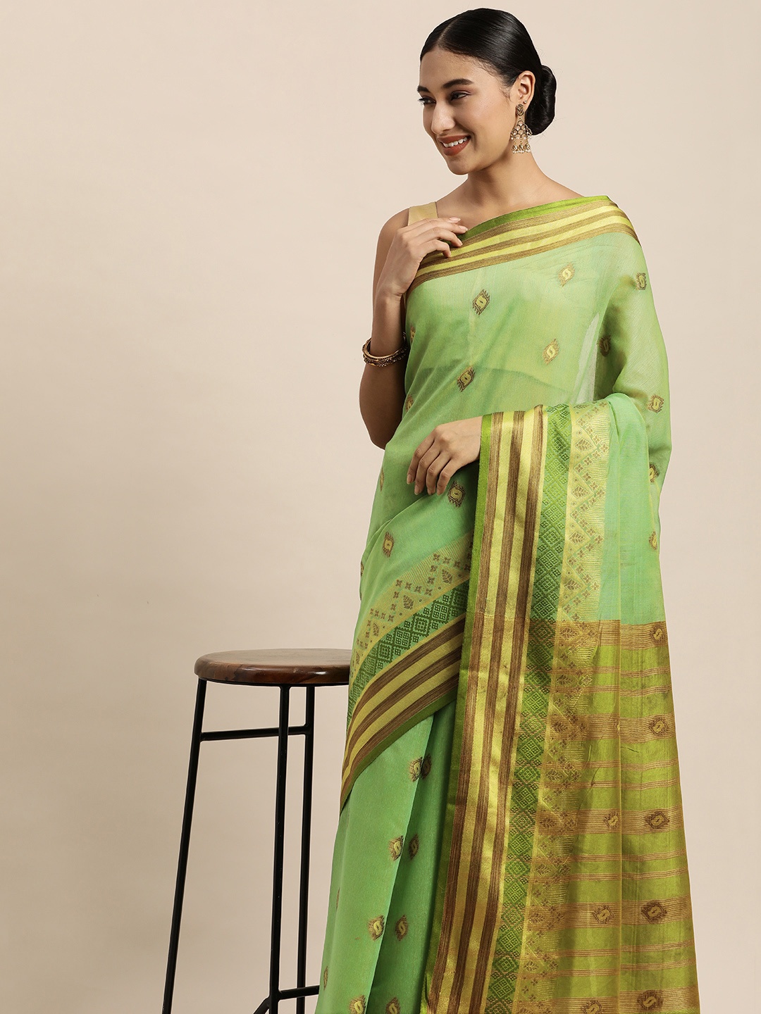 

Saree Swarg Green & Gold-Toned Ethnic Motifs Zari Chanderi Sarees