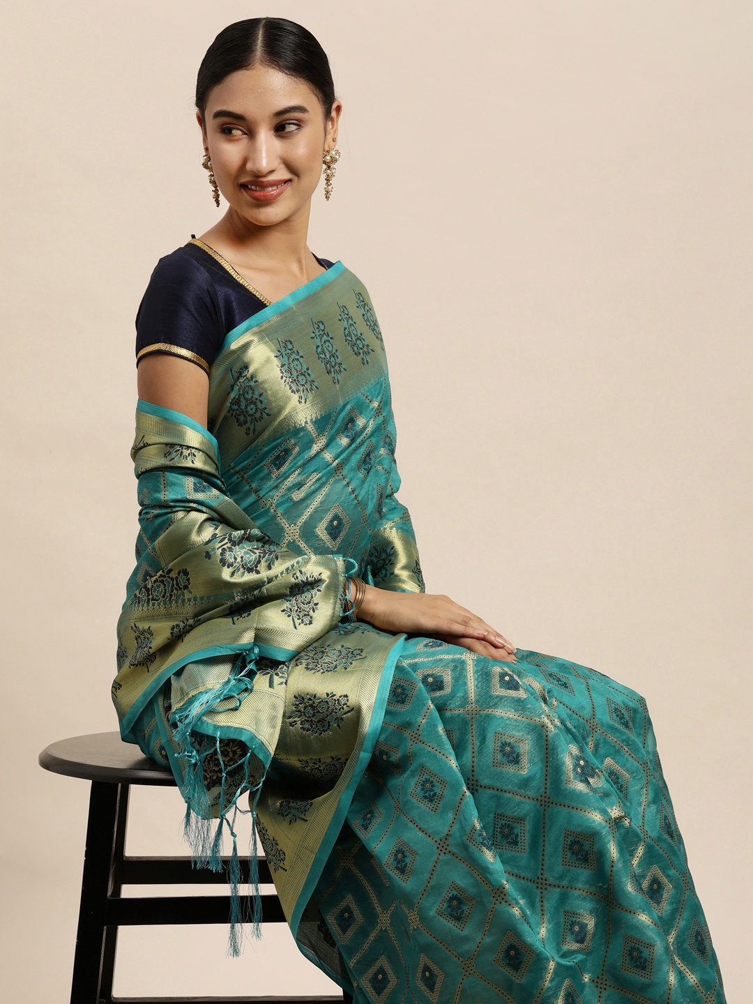 

Saree Swarg Blue & Gold-Toned Ethnic Motifs Zari Organza Banarasi Sarees