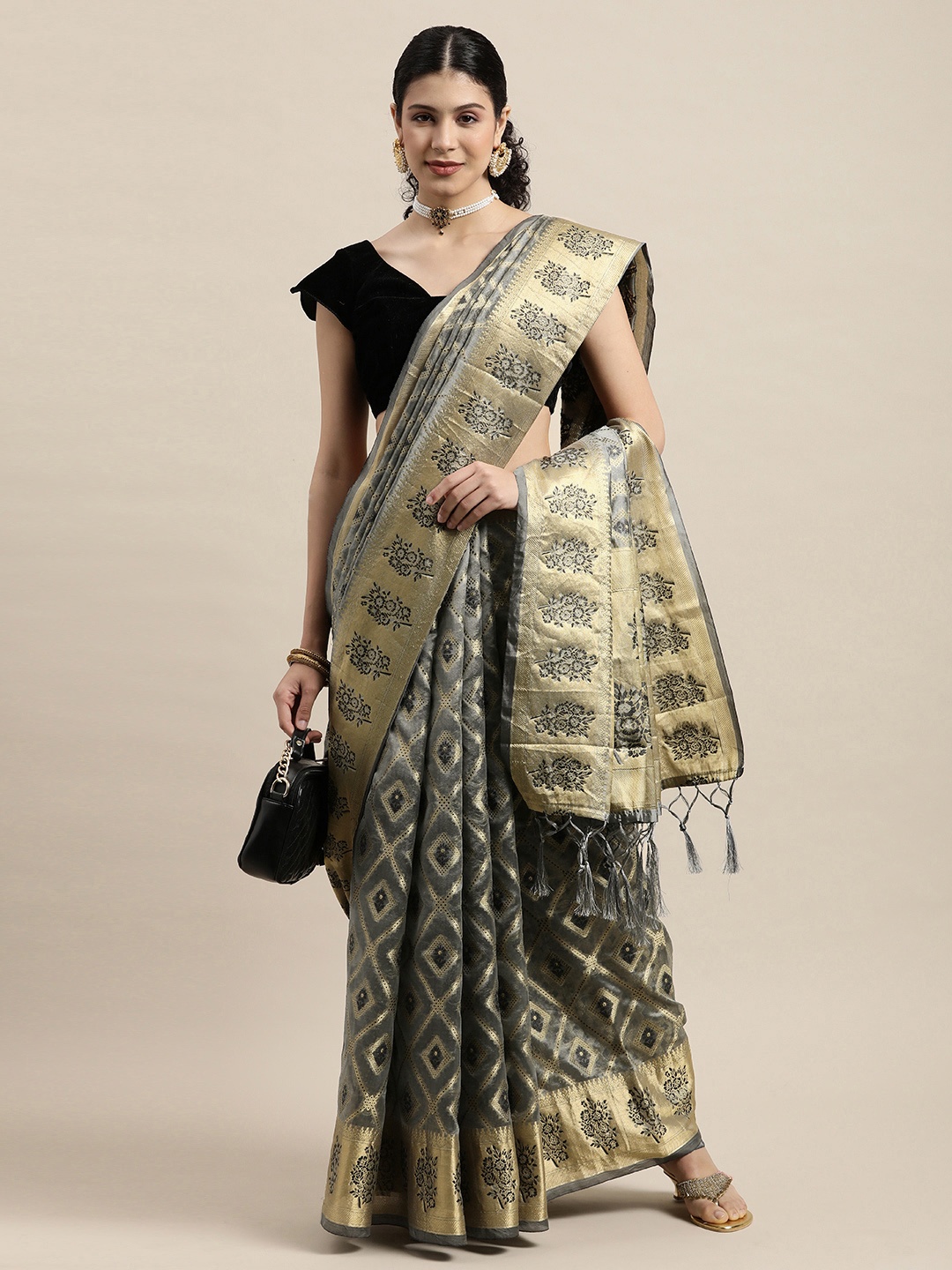 

Saree Swarg Grey & Gold-Toned Zari Organza Banarasi Sarees