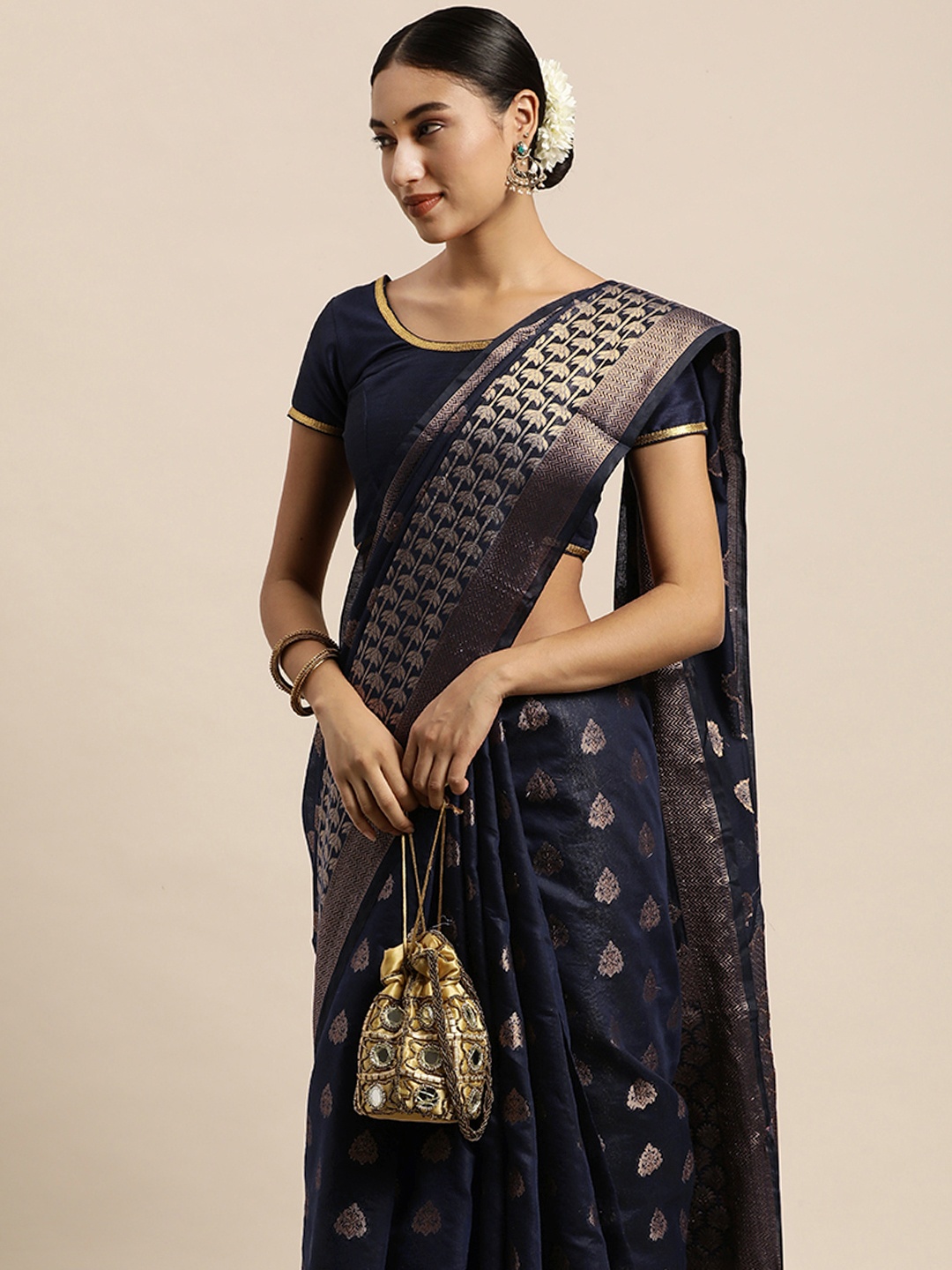 

Saree Swarg Navy Blue & Gold-Toned Ethnic Motifs Zari Silk Cotton Banarasi Sarees