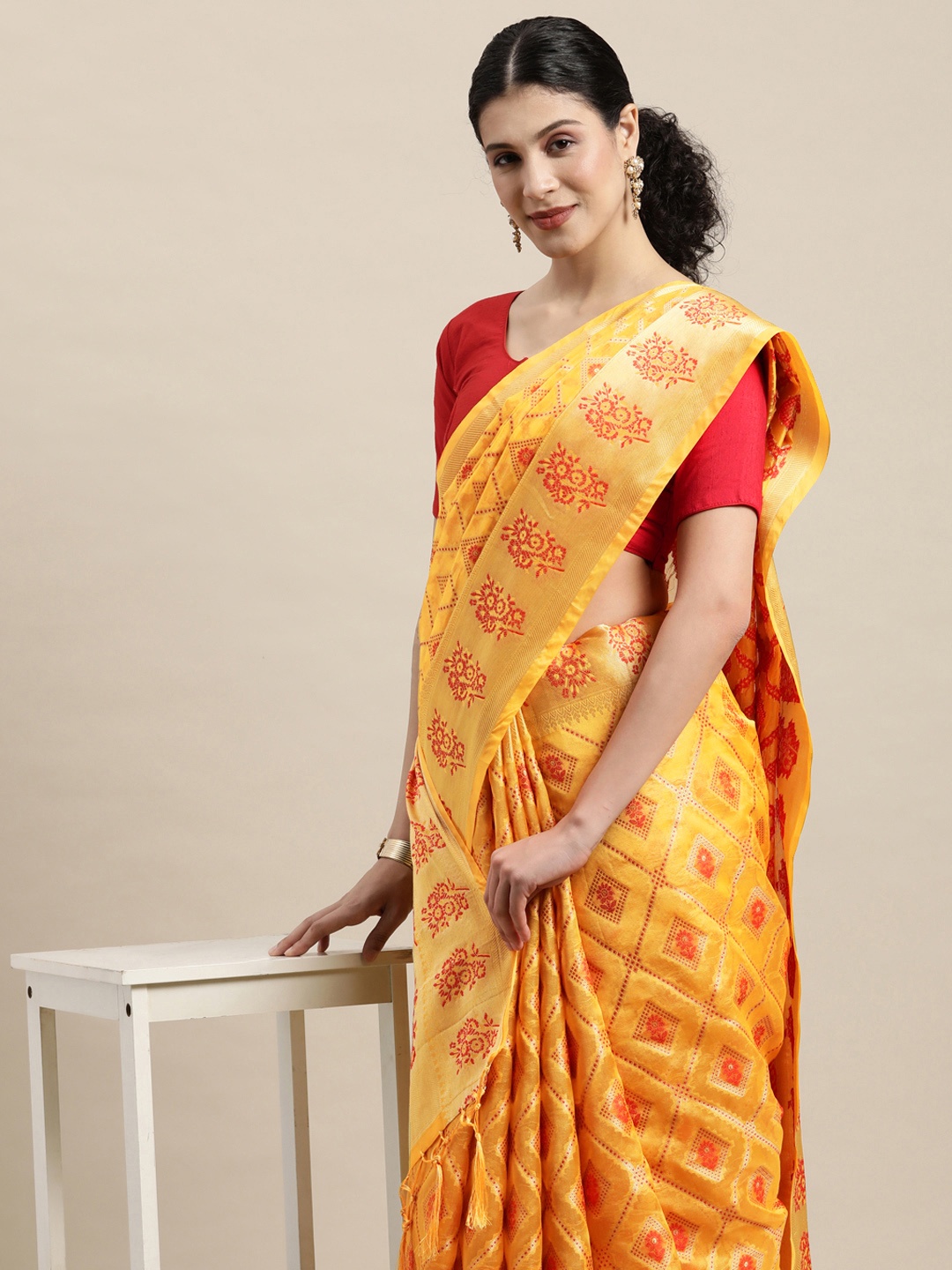 

Saree Swarg Yellow & Red Ethnic Motifs Zari Organza Banarasi Sarees