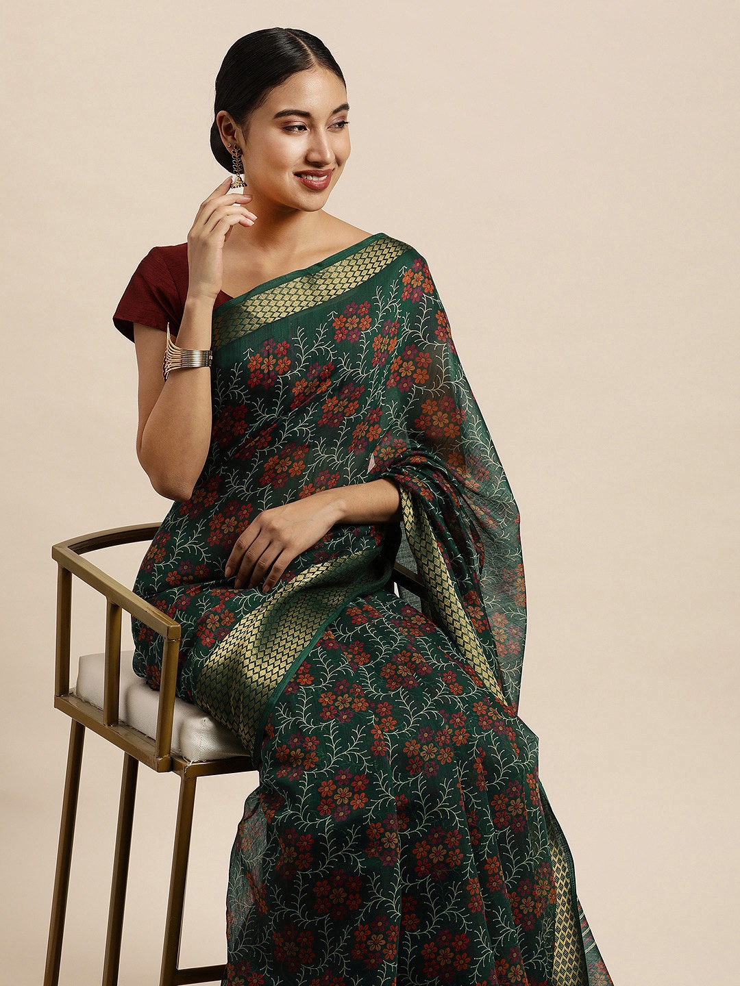 

Saree Swarg Green & White Floral Chanderi Sarees