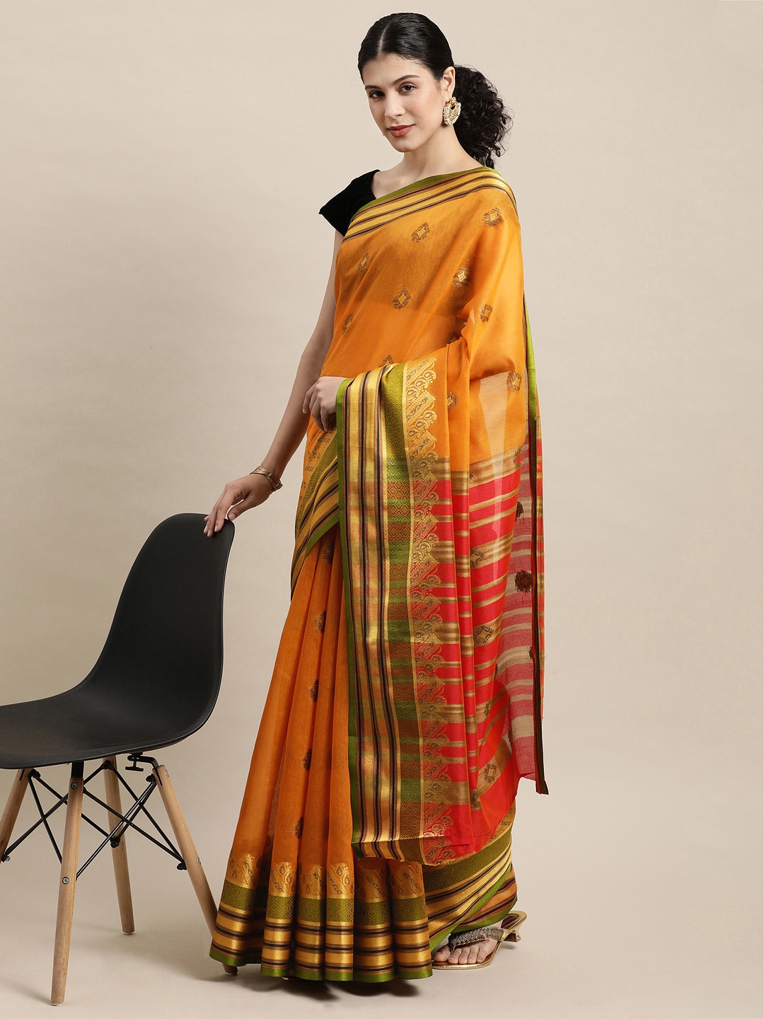 

Saree Swarg Mustard & Gold-Toned Ethnic Motifs Zari Chanderi Sarees