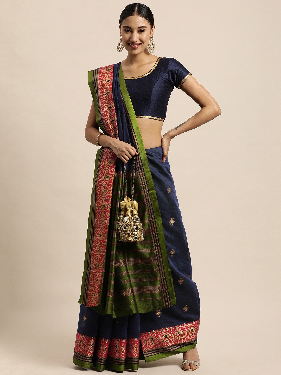 

Saree Swarg Navy Blue & Gold-Toned Ethnic Motifs Zari Chanderi Sarees