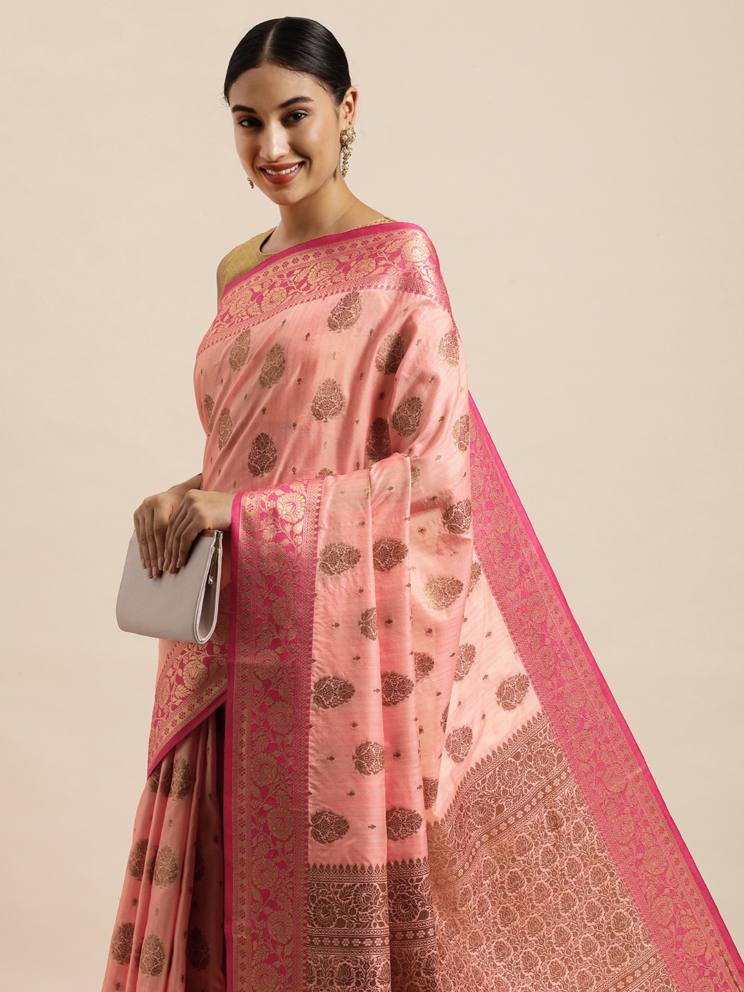 

Saree Swarg Pink & Gold-Toned Ethnic Motifs Zari Silk Blend Banarasi Sarees