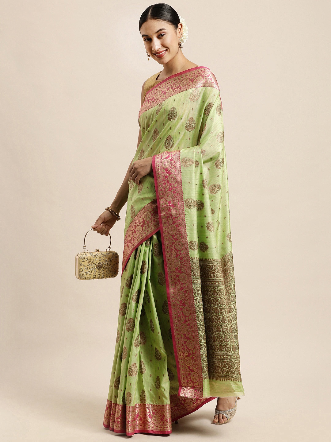 

Saree Swarg Green & Gold-Toned Ethnic Motifs Zari Silk Blend Banarasi Sarees