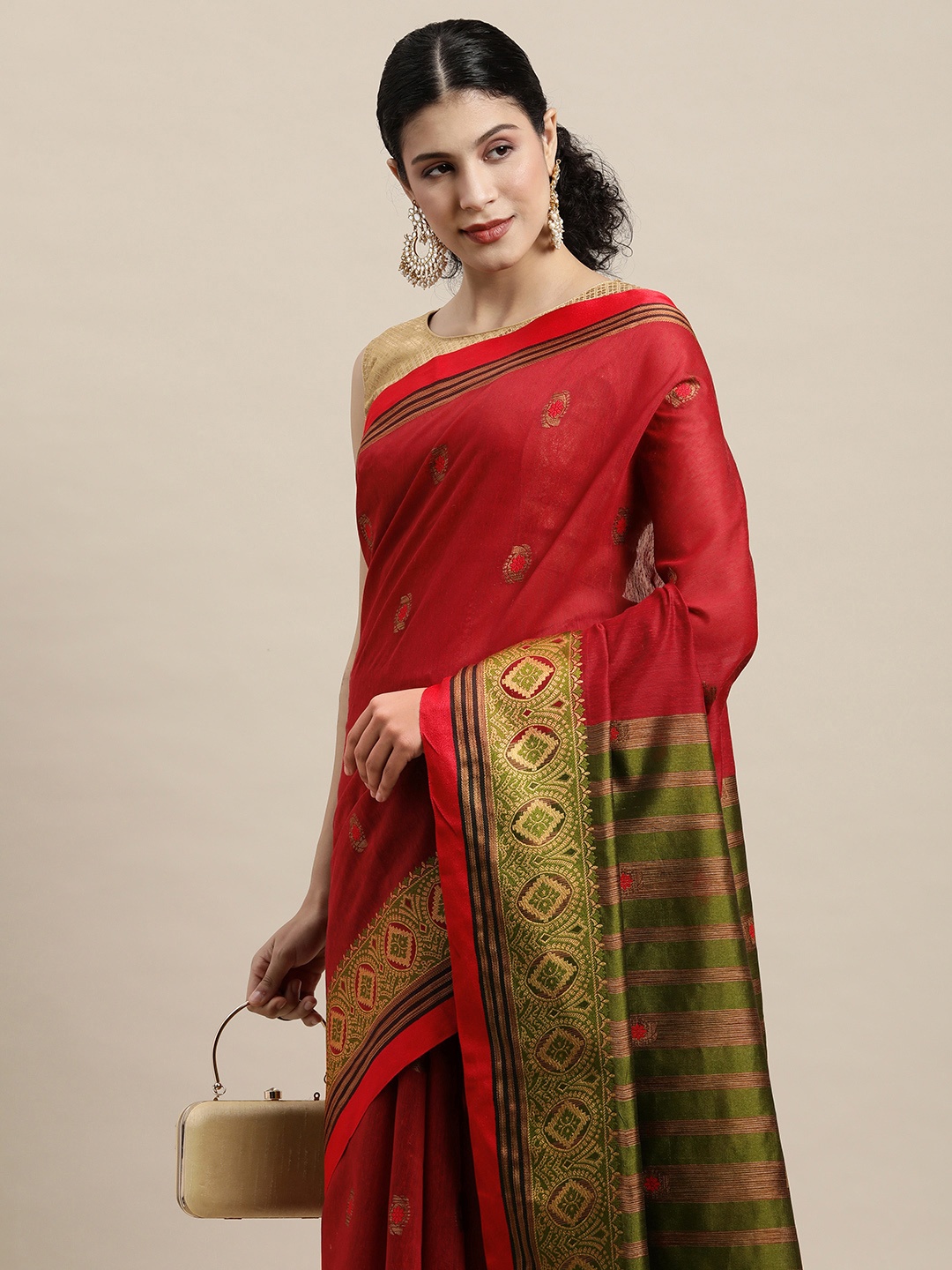 

Saree Swarg Red & Green Ethnic Motifs Zari Chanderi Sarees
