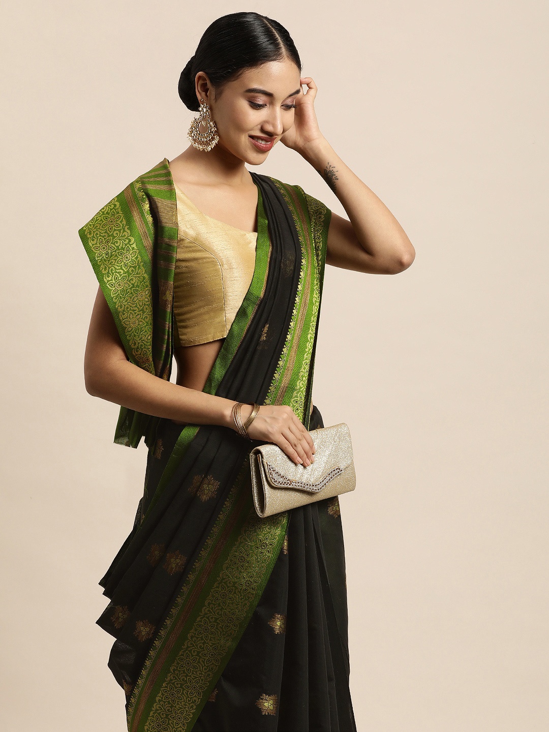

Saree Swarg Black & Gold-Toned Ethnic Motifs Zari Chanderi Sarees